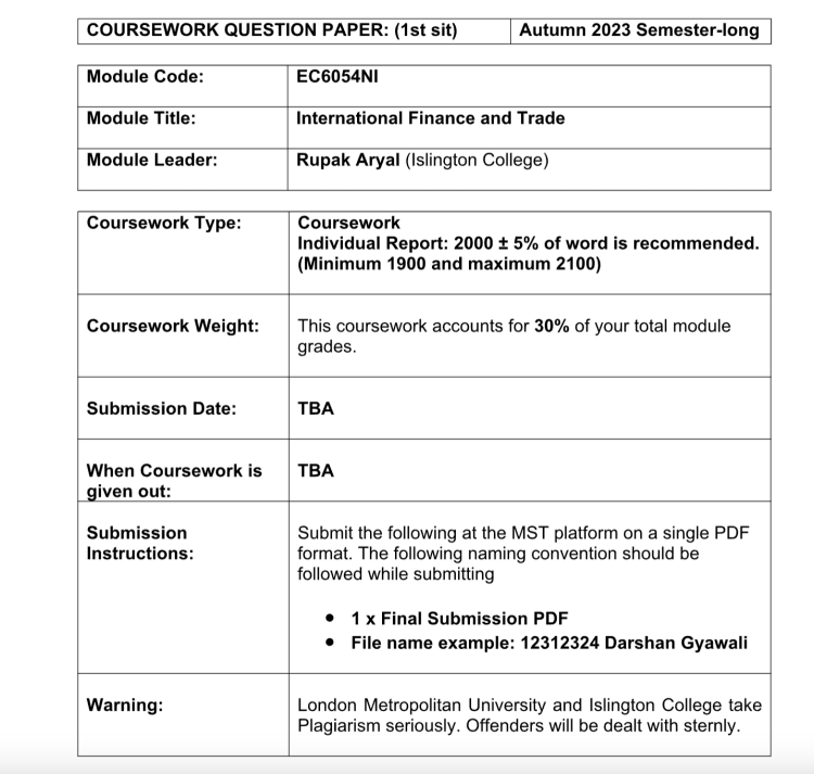 EC6054NI  International Finance and Trade Islington College EC6054NI  International Finance and Trade Islington College