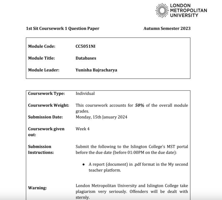 CC5051NI Databases – Oracle Database – Islington College CC5051NI Databases – Oracle Database – Islington College