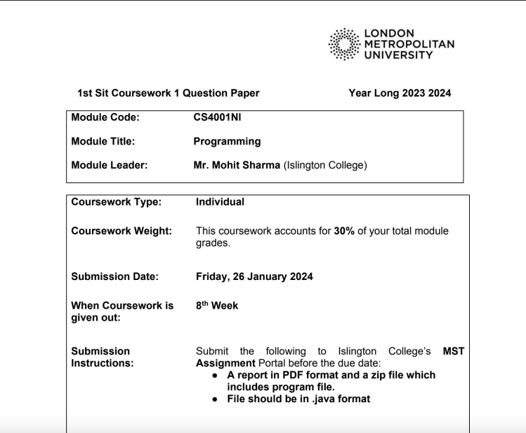 Module Code: CS4001NI – Module Title: Programming — Computing – Islington College Module Code: CS4001NI – Module Title: Programming — Computing – Islington College