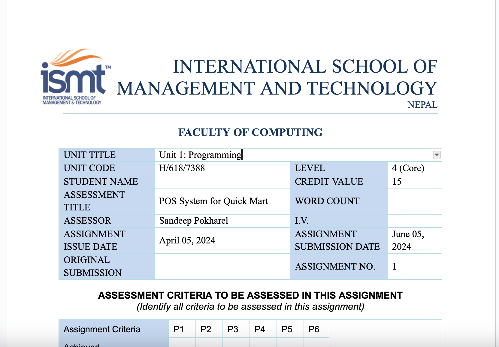 H/618/7388 Unit 1: Programming POS System for Quick Mart ISMT College. H/618/7388 Unit 1: Programming POS System for Quick Mart ISMT College.