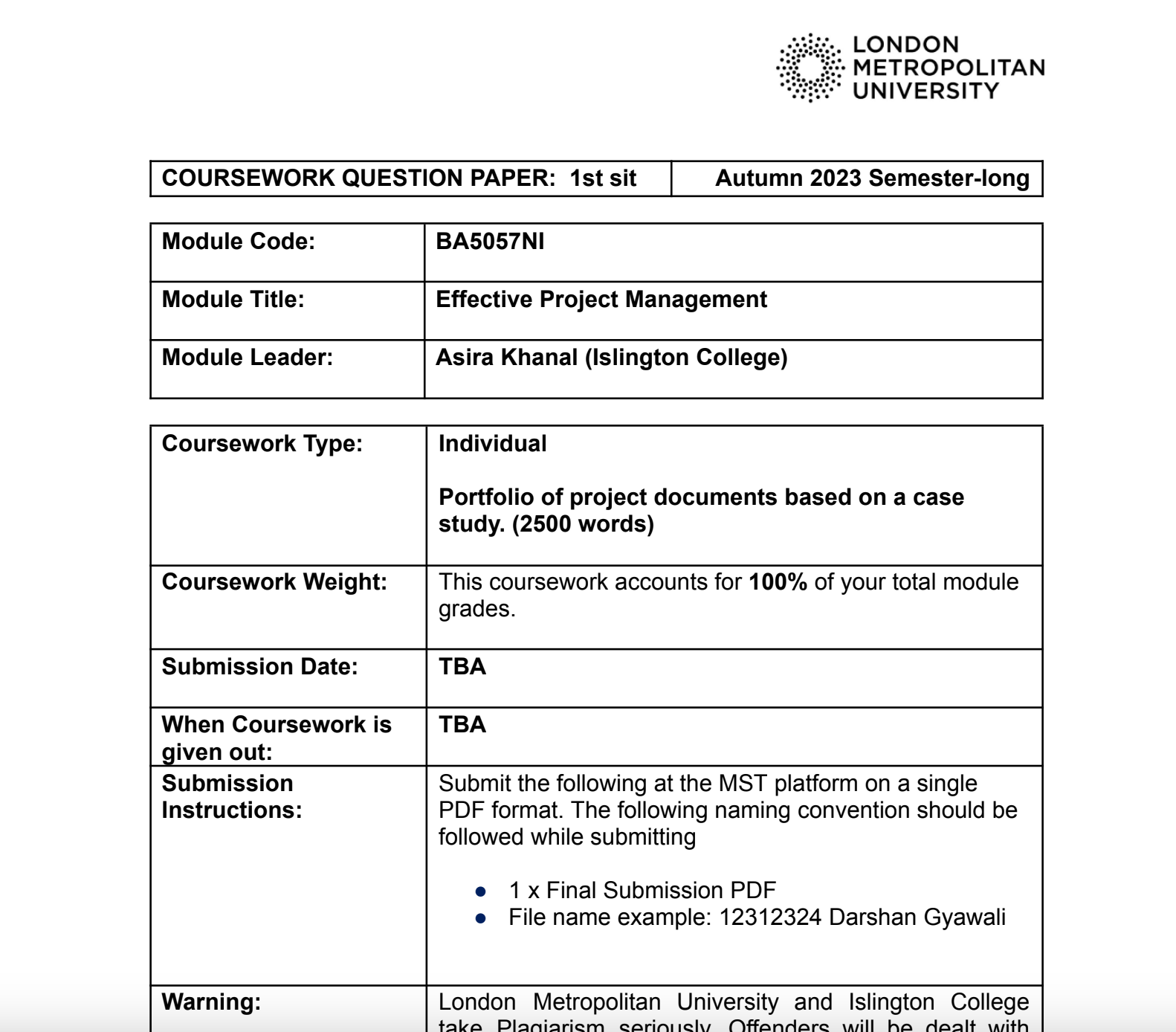 Module Code: BA5057NI Module Title: Effective Project Management – islington College Module Code: BA5057NI Module Title: Effective Project Management – islington College