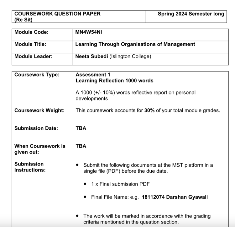 MN4W54NI – Learning Through Organisations of Management – Islington College MN4W54NI – Learning Through Organisations of Management – Islington College