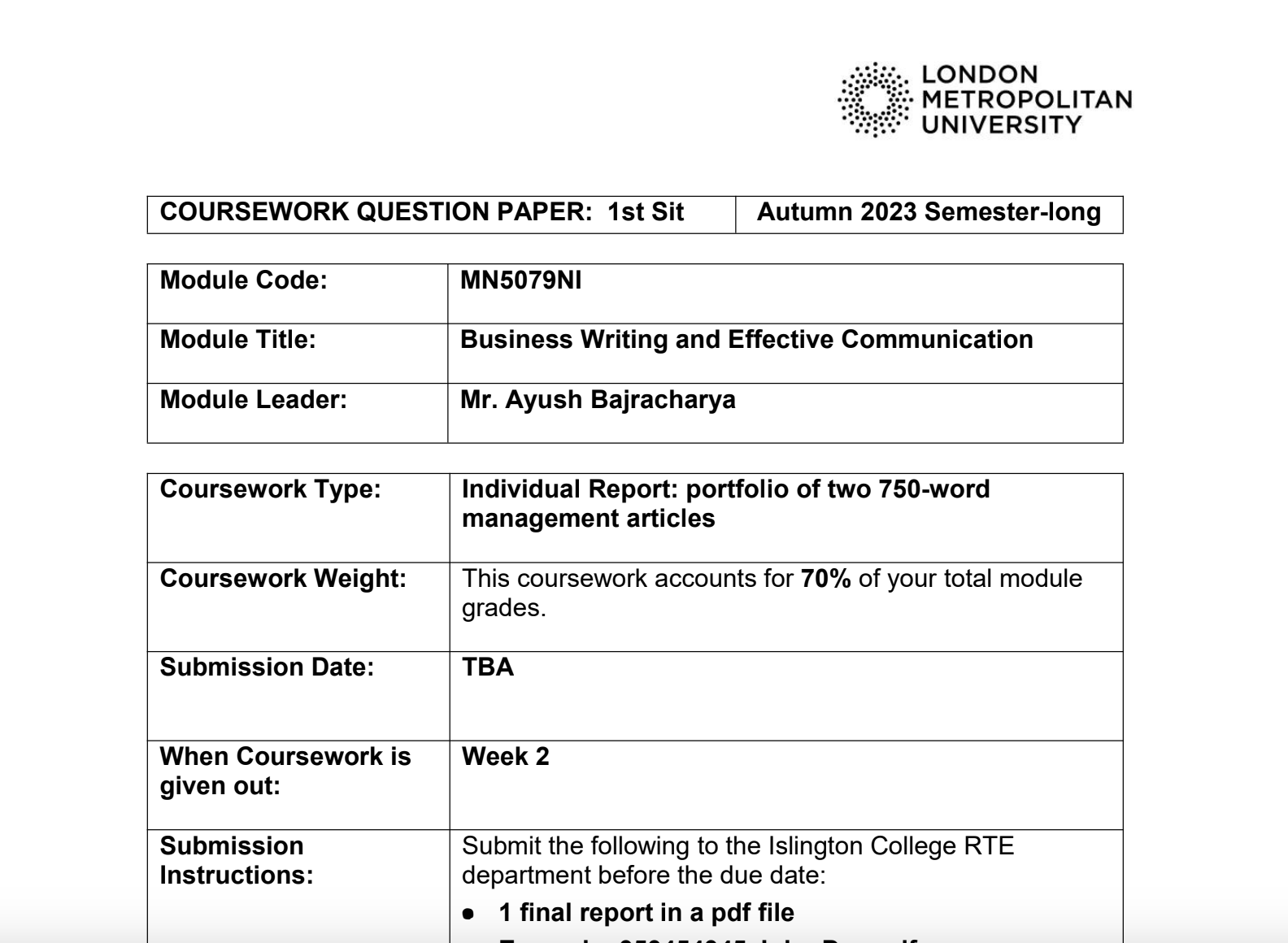 Module Code: MN5079NI Module Title: Business Writing and Effective Communication – Islington College Module Code: MN5079NI Module Title: Business Writing and Effective Communication – Islington College