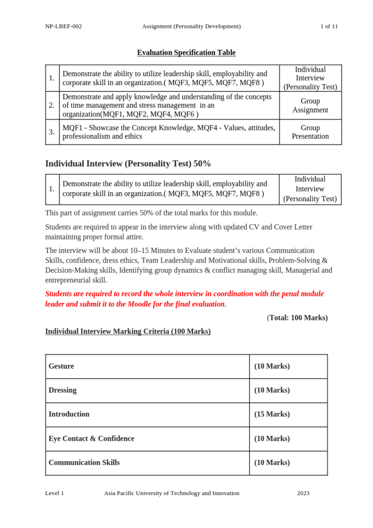 NPLBEF002 – Personality Development (Group Assignment Interview) NPLBEF002 – Personality Development (Group Assignment Interview)