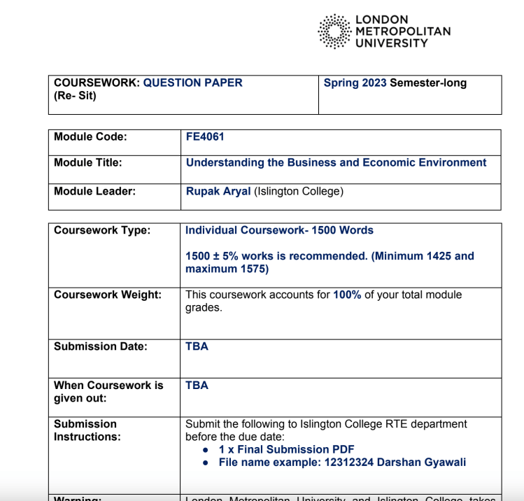 FE4061 Understanding the Business and Economic Environment Islington College FE4061 Understanding the Business and Economic Environment Islington College