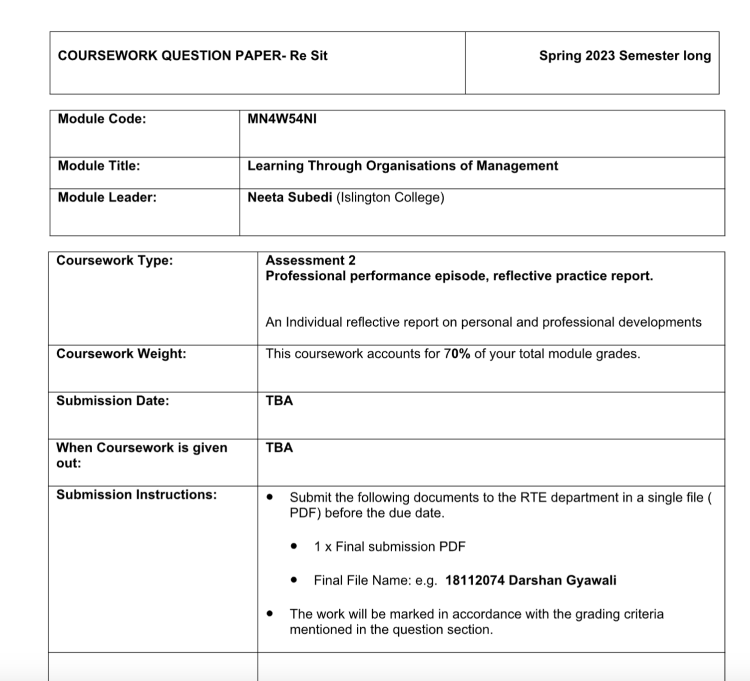 Module Code: MN4W54NI Learning Through Organisations of Management Assessment 2 Islington College Module Code: MN4W54NI Learning Through Organisations of Management Assessment 2 Islington College