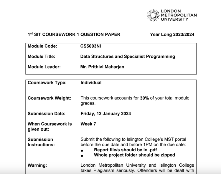 CS5003NI – Data Structures and Specialist Programming – Islington College CS5003NI – Data Structures and Specialist Programming – Islington College