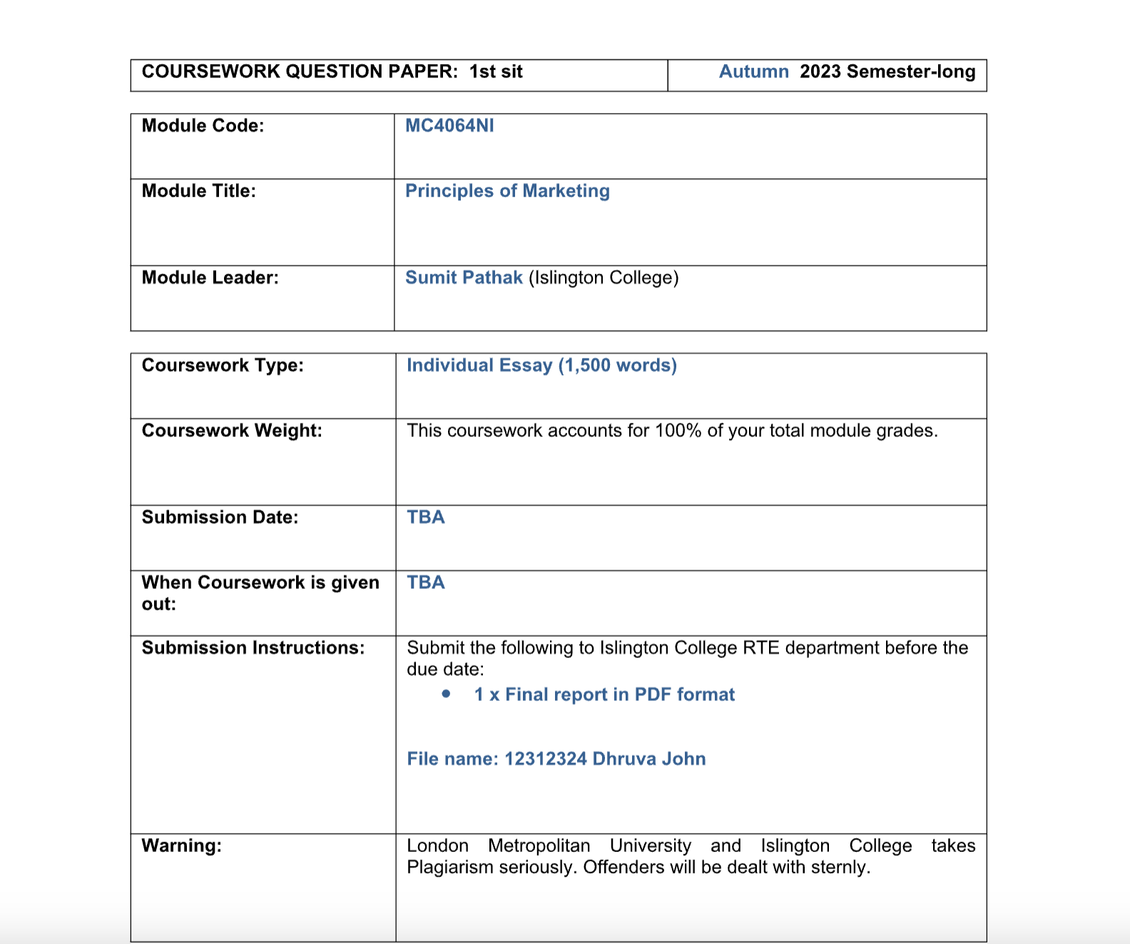 Module Code: MC4064NI Module Title: Principles of Marketing — Islington College Module Code: MC4064NI Module Title: Principles of Marketing — Islington College