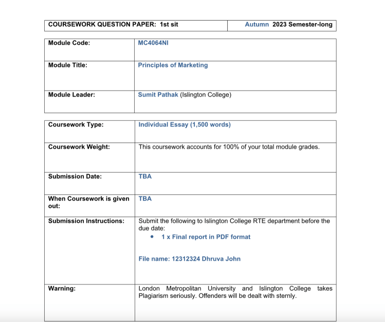 Module Code: MC4064NI Module Title: Principles of Marketing — Islington College Module Code: MC4064NI Module Title: Principles of Marketing — Islington College