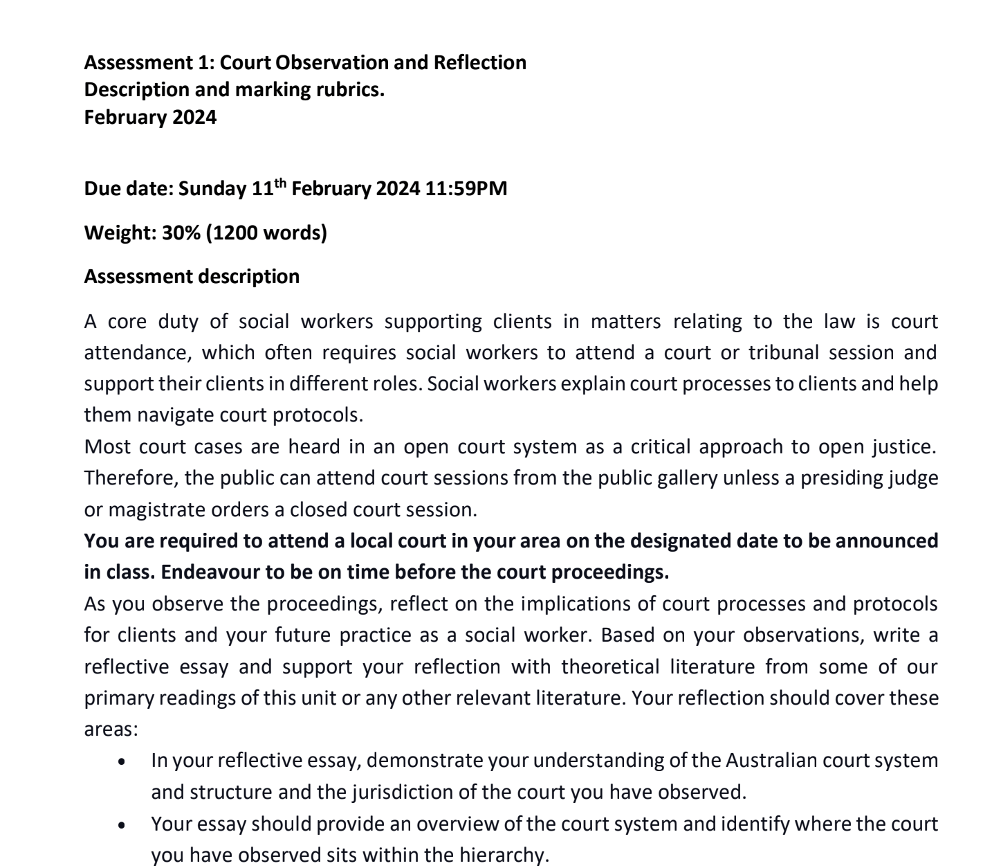 Assessment 1: Court Observation and Reflection Assessment 1: Court Observation and Reflection