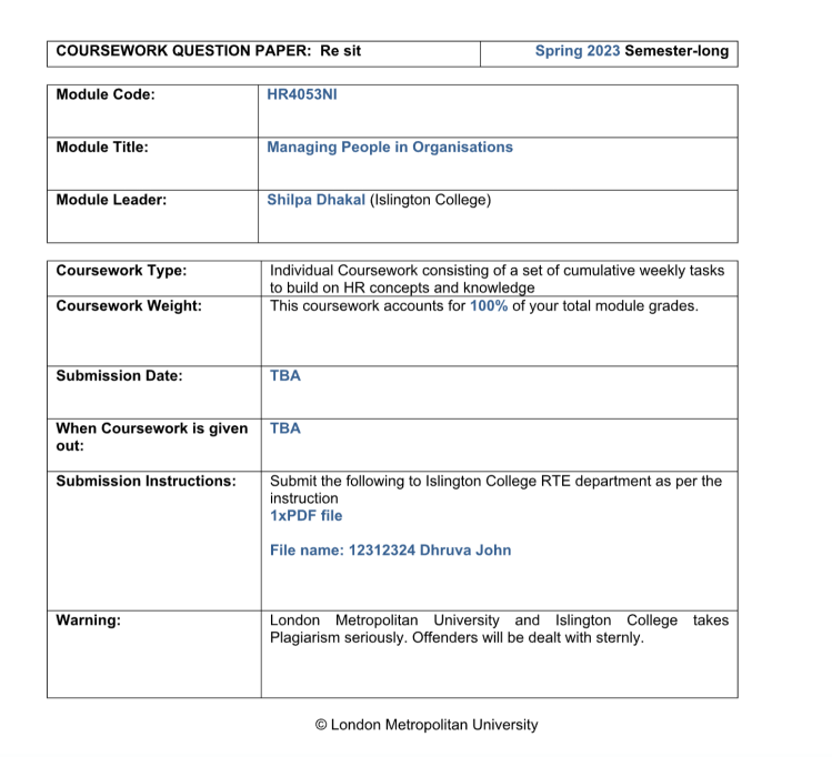 HR4053NI  Managing People in Organisations Islington College HR4053NI  Managing People in Organisations Islington College