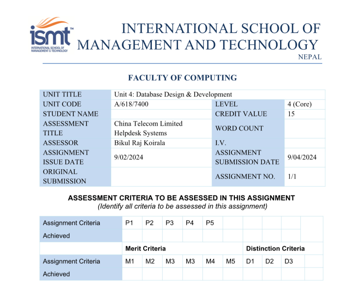 Unit 4: Database Design & Development – China Telecom Limited Helpdesk Systems-ISMT Unit 4: Database Design & Development – China Telecom Limited Helpdesk Systems-ISMT