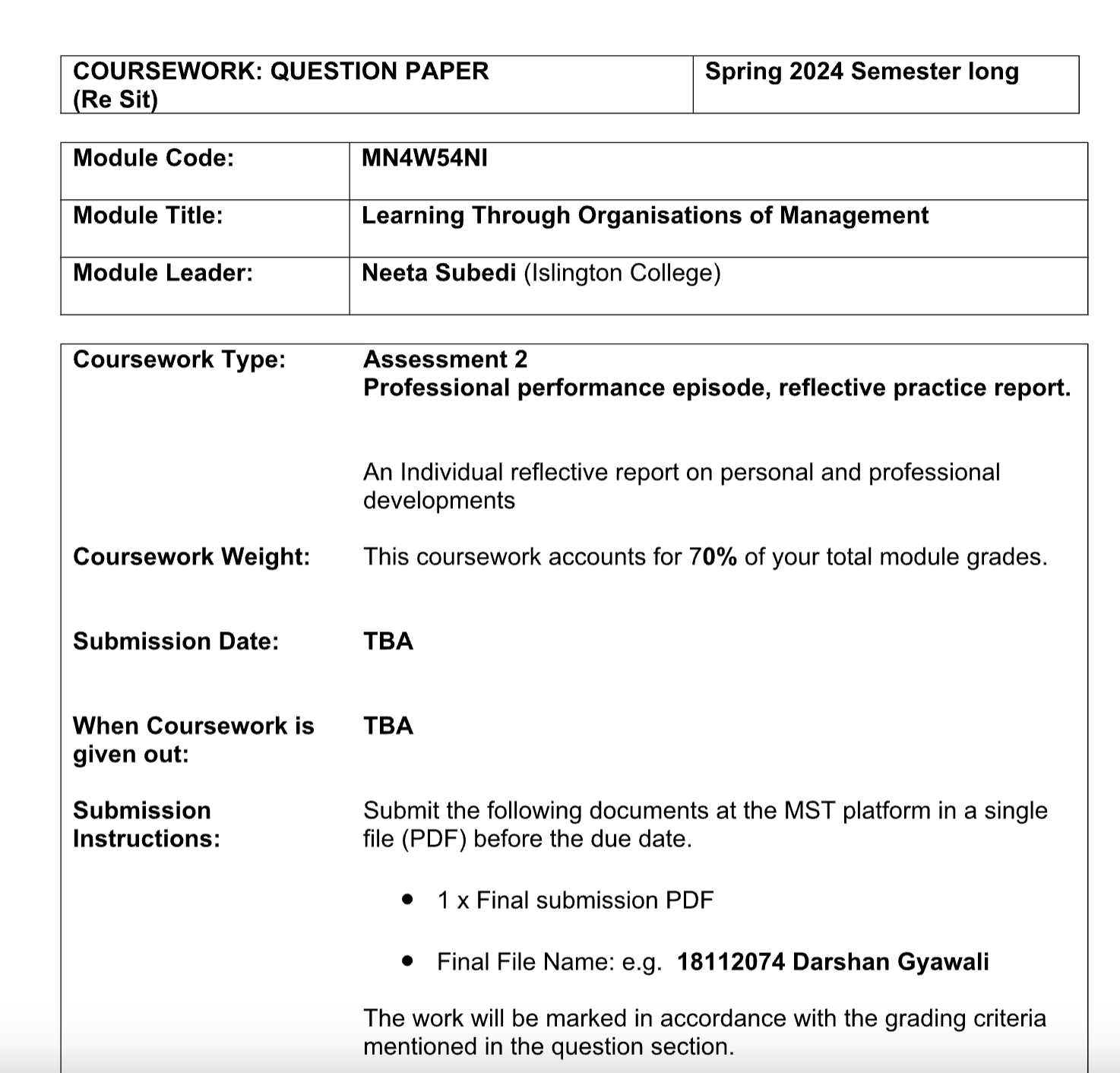 MN4W54NI –  Learning Through Organisations of Management – Islington College MN4W54NI –  Learning Through Organisations of Management – Islington College