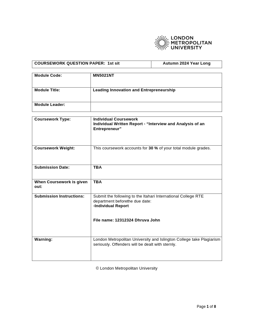 MN5021 Leading Innovation and Entrepreneurship A22 (1st Sit) CW2 QP (2) MN5021 Leading Innovation and Entrepreneurship A22 (1st Sit) CW2 QP (2)
