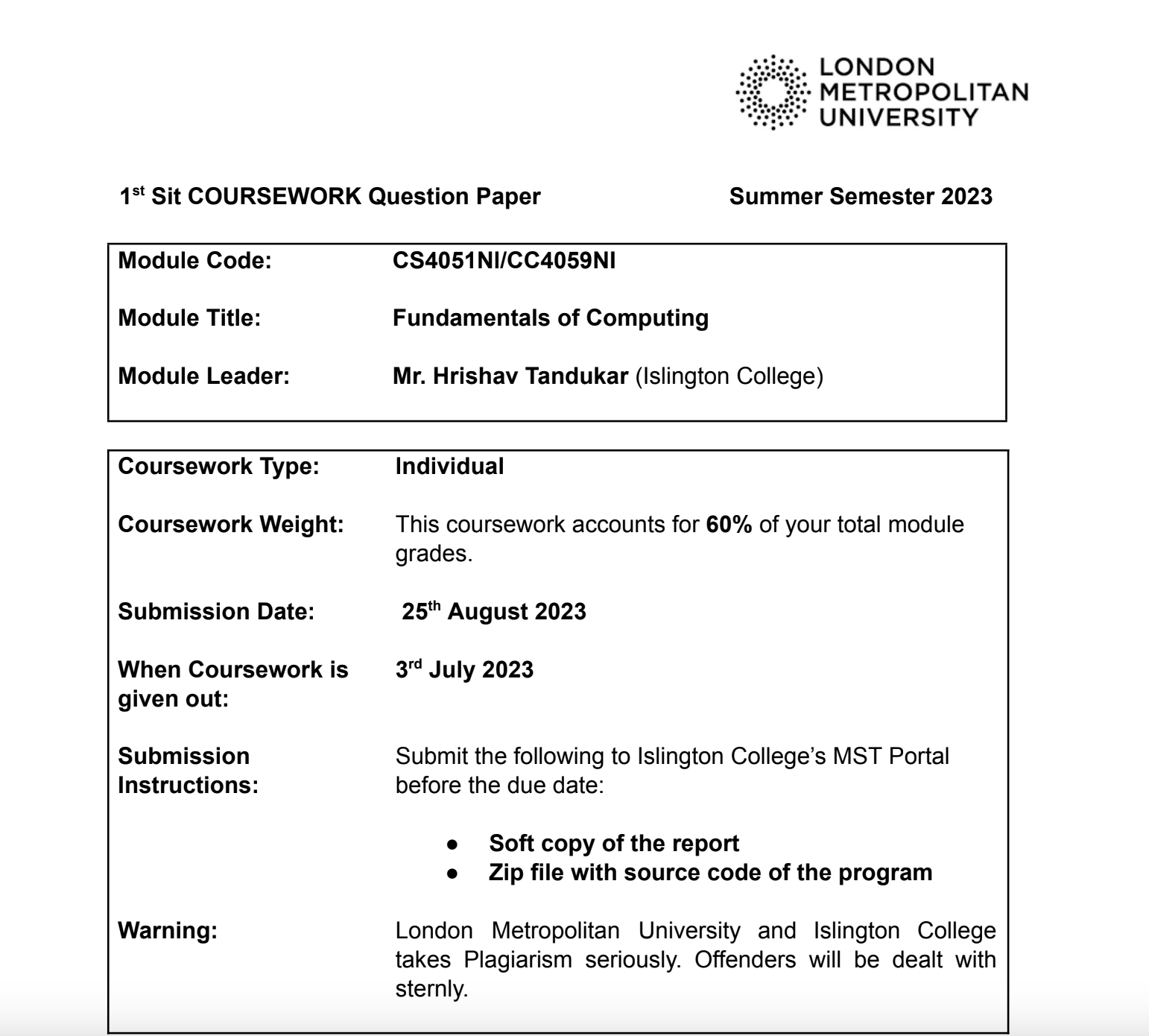 CS4051NI/CC4059NI Fundamentals of Computing Islington College CS4051NI/CC4059NI Fundamentals of Computing Islington College