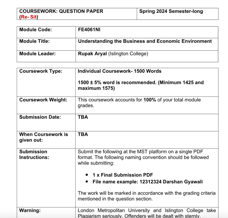 FE4061NI Understanding the Business and Economic Environment – Islington College FE4061NI Understanding the Business and Economic Environment – Islington College