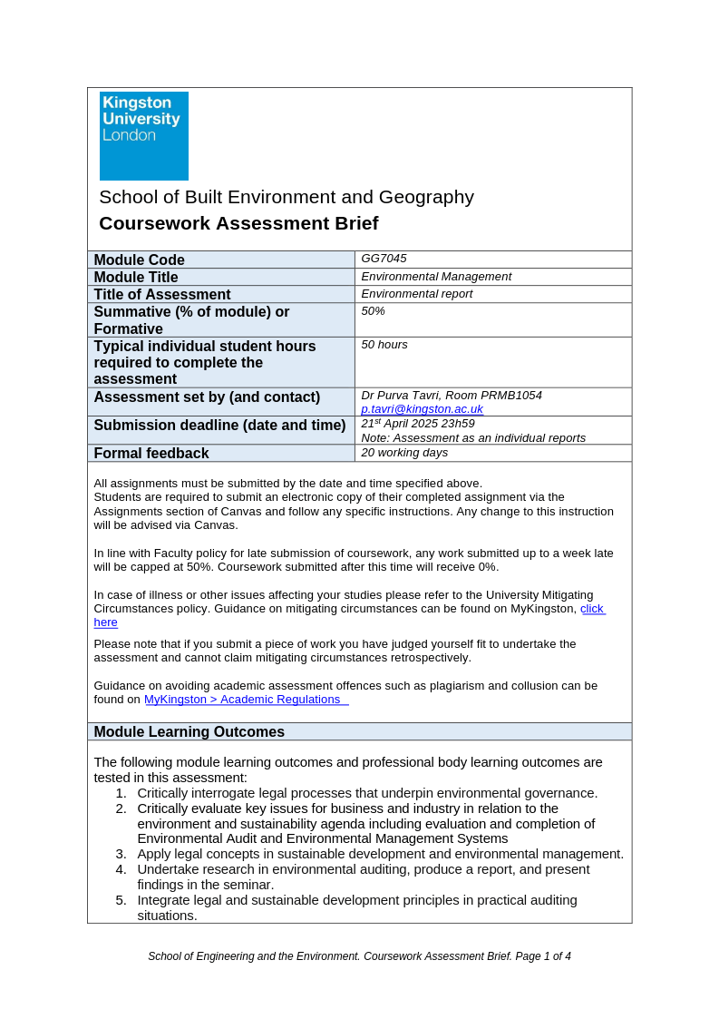 GG7045 Environmental report assessment brief GG7045 Environmental report assessment brief