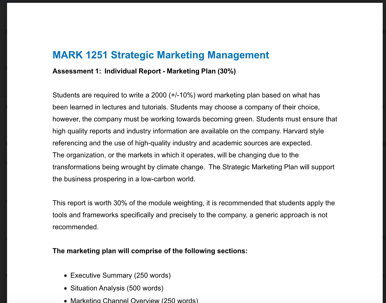 MARK 1251 Strategic Marketing ManagementAssessment 1: Individual Report – Marketing Plan (30%) MARK 1251 Strategic Marketing ManagementAssessment 1: Individual Report – Marketing Plan (30%)