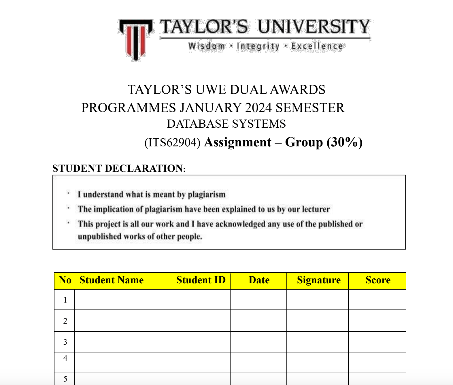 TAYLORโS UWE DUAL AWARDSย PROGRAMMES JANUARY 2024 SEMESTERย DATABASE SYSTEMSย (ITS62904) Assignment โ Group (30%)ย  TAYLORโS UWE DUAL AWARDSย PROGRAMMES JANUARY 2024 SEMESTERย DATABASE SYSTEMSย (ITS62904) Assignment โ Group (30%)ย