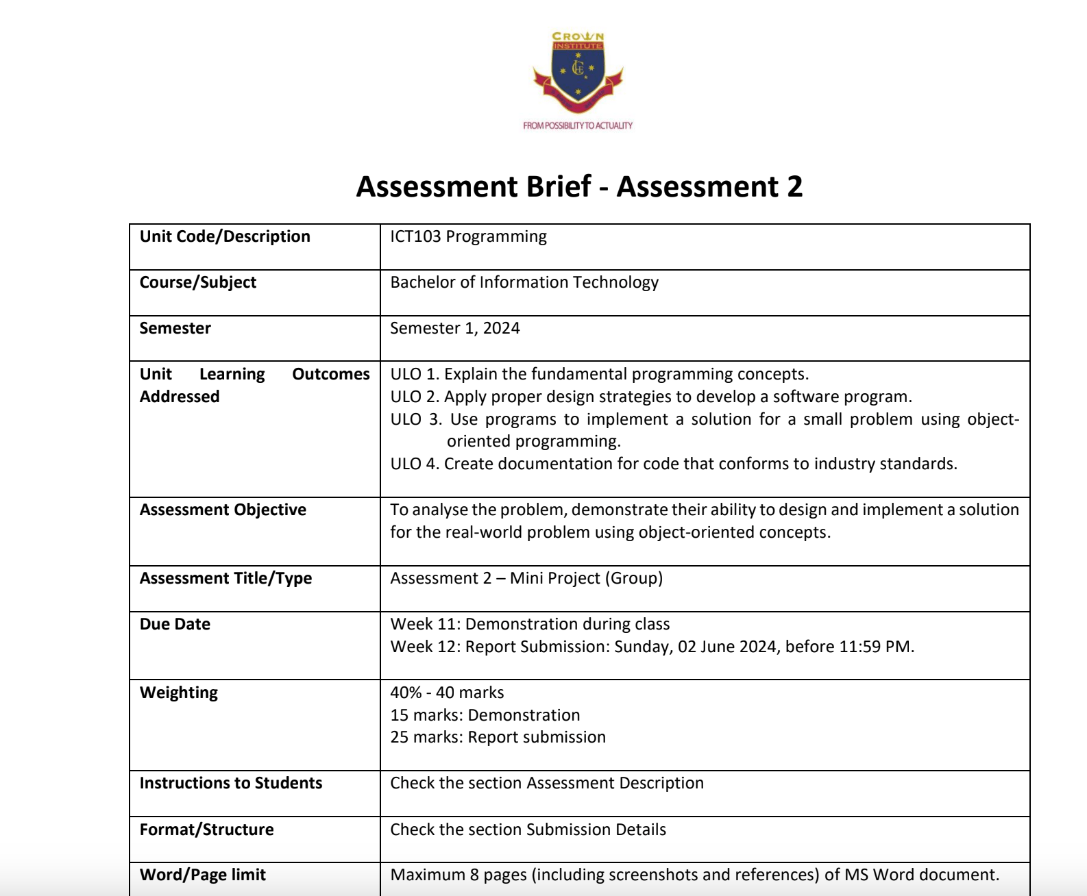 ICT103 Programming – Bachelor of Information Technology – Crown Institite ICT103 Programming – Bachelor of Information Technology – Crown Institite