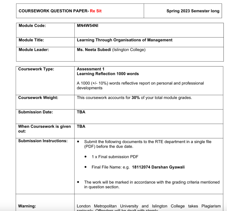 MN4W54NI Learning Through Organisations of Management Islington College Assessment 1 MN4W54NI Learning Through Organisations of Management Islington College Assessment 1