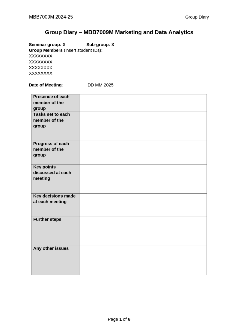 Assessment 1 Group Diary Template Assessment 1 Group Diary Template