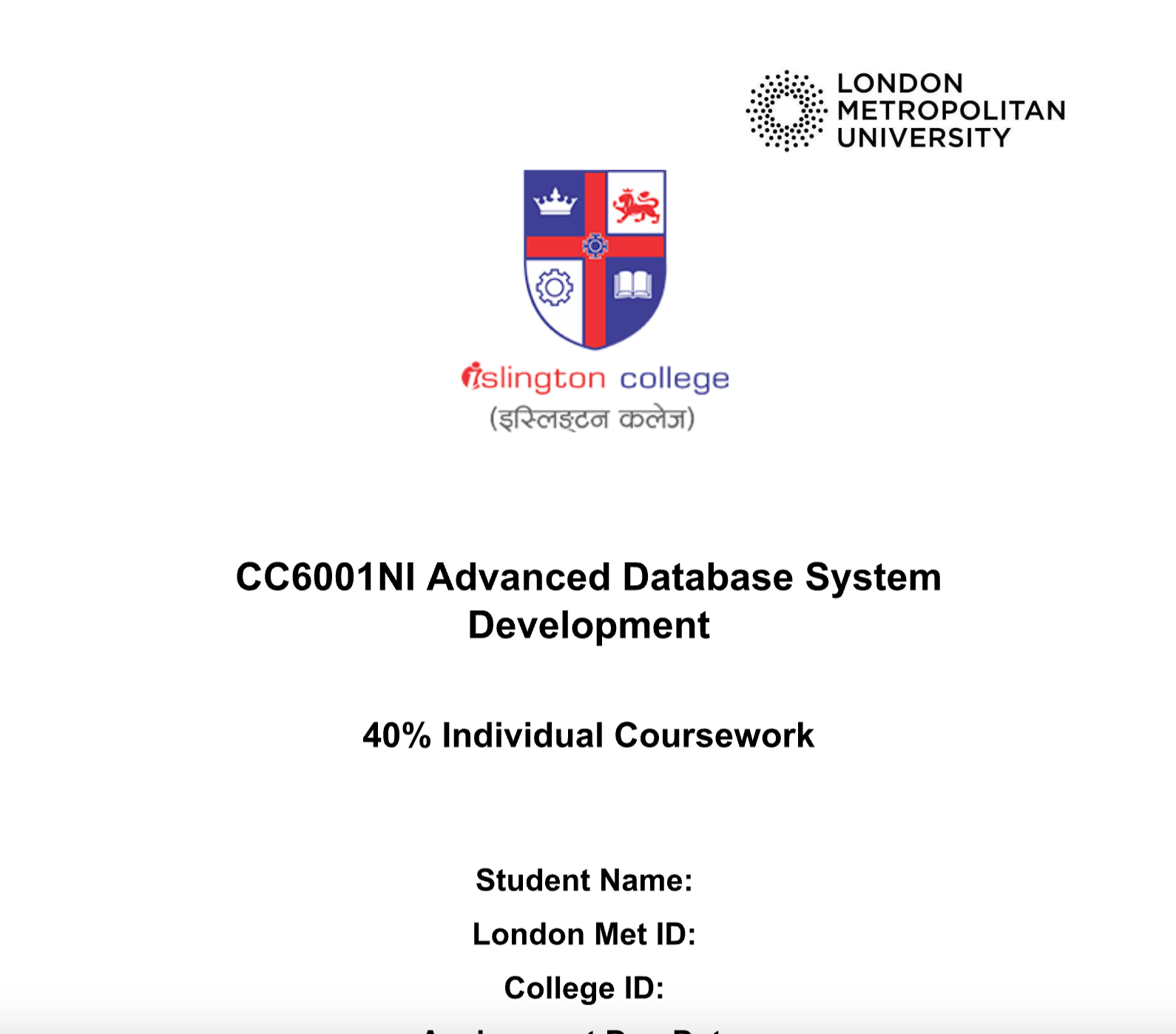 CC6001NI Advanced Database System Development 40% Individual Coursework – Islington College CC6001NI Advanced Database System Development 40% Individual Coursework – Islington College