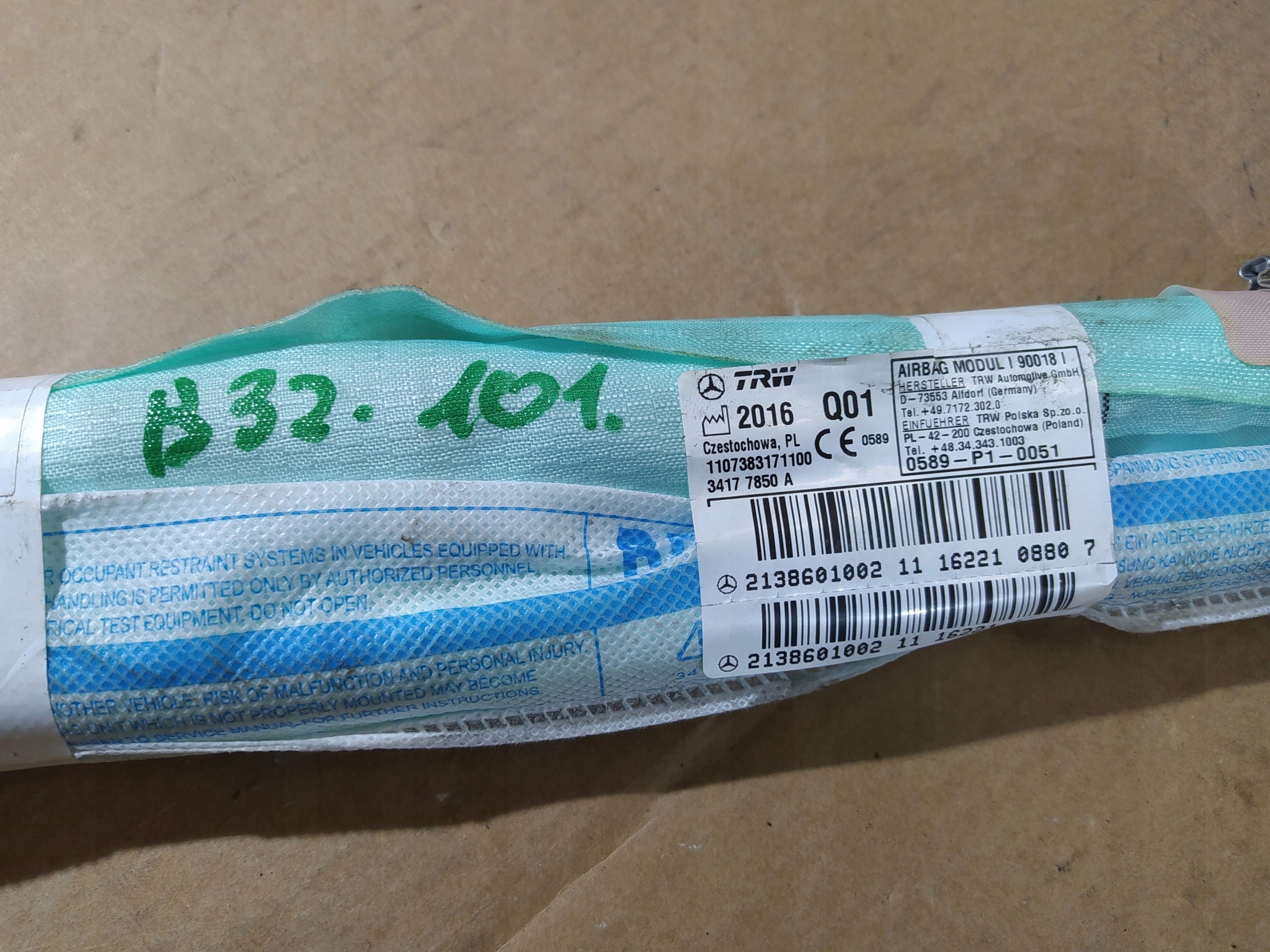 MERCEDES E W 213 PRAVY STROPNY AIRBAG 2138601002