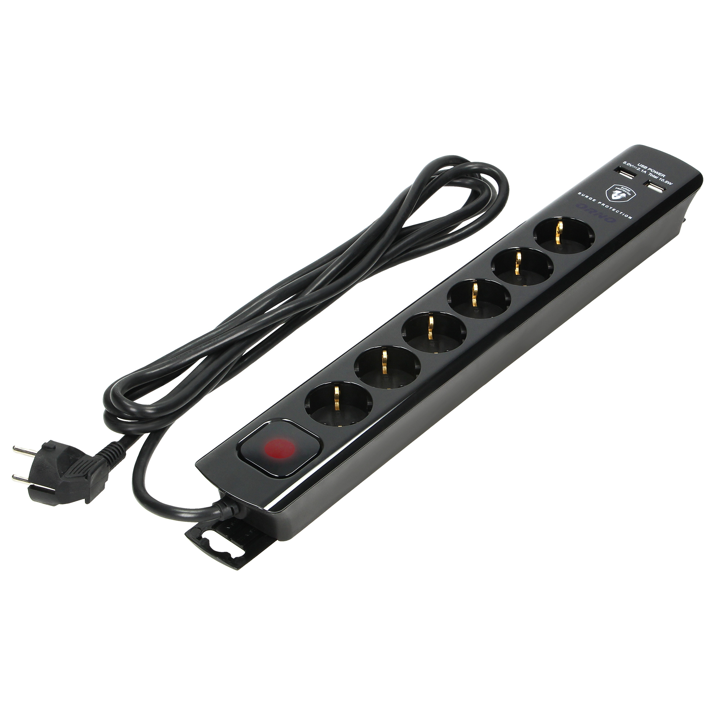 ORNO PRENAPONSKA ZAŠTITA CRNA 6xŠUKO, 2xUSB, 3m KABLA 3×1,5mm2, 3680W, IP20
