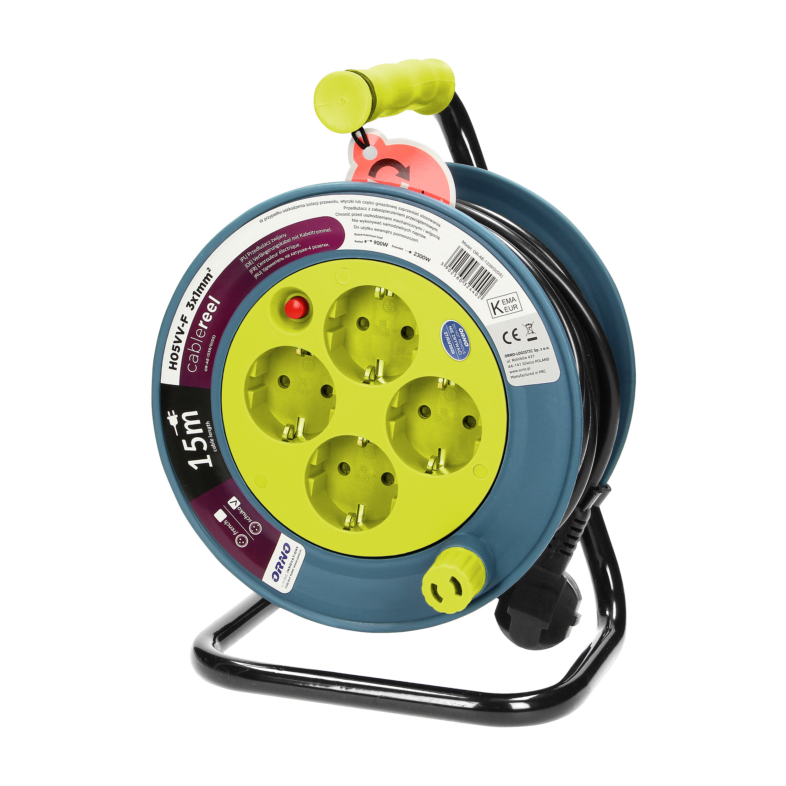 ORNO KABELSKA MOTALICA 15m, 2500W, 3x1mm2, ŽUTA NC