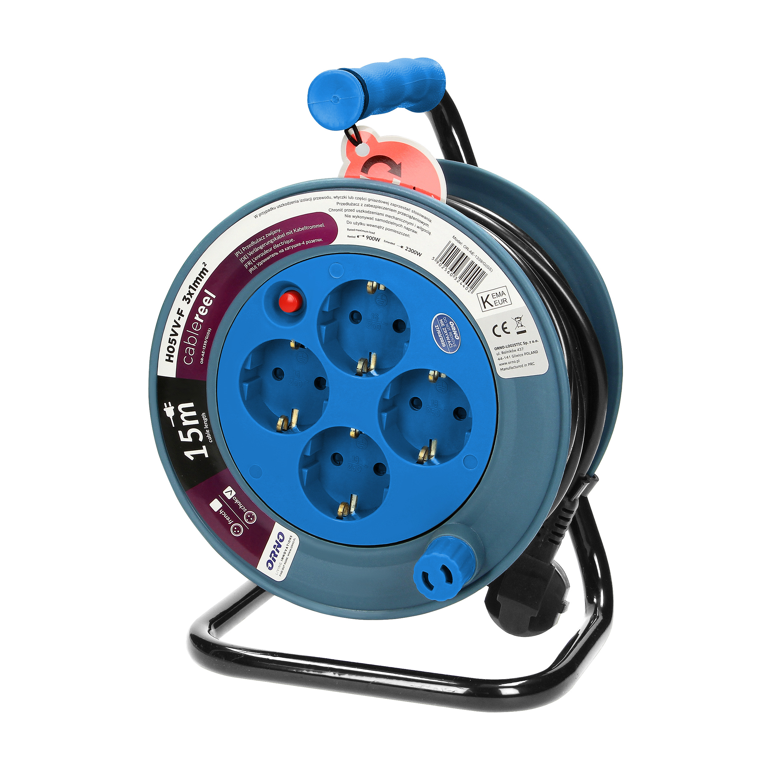 ORNO KABELSKA MOTALICA 15m, 2500W, 3x1mm2, TIRKIZNA NC