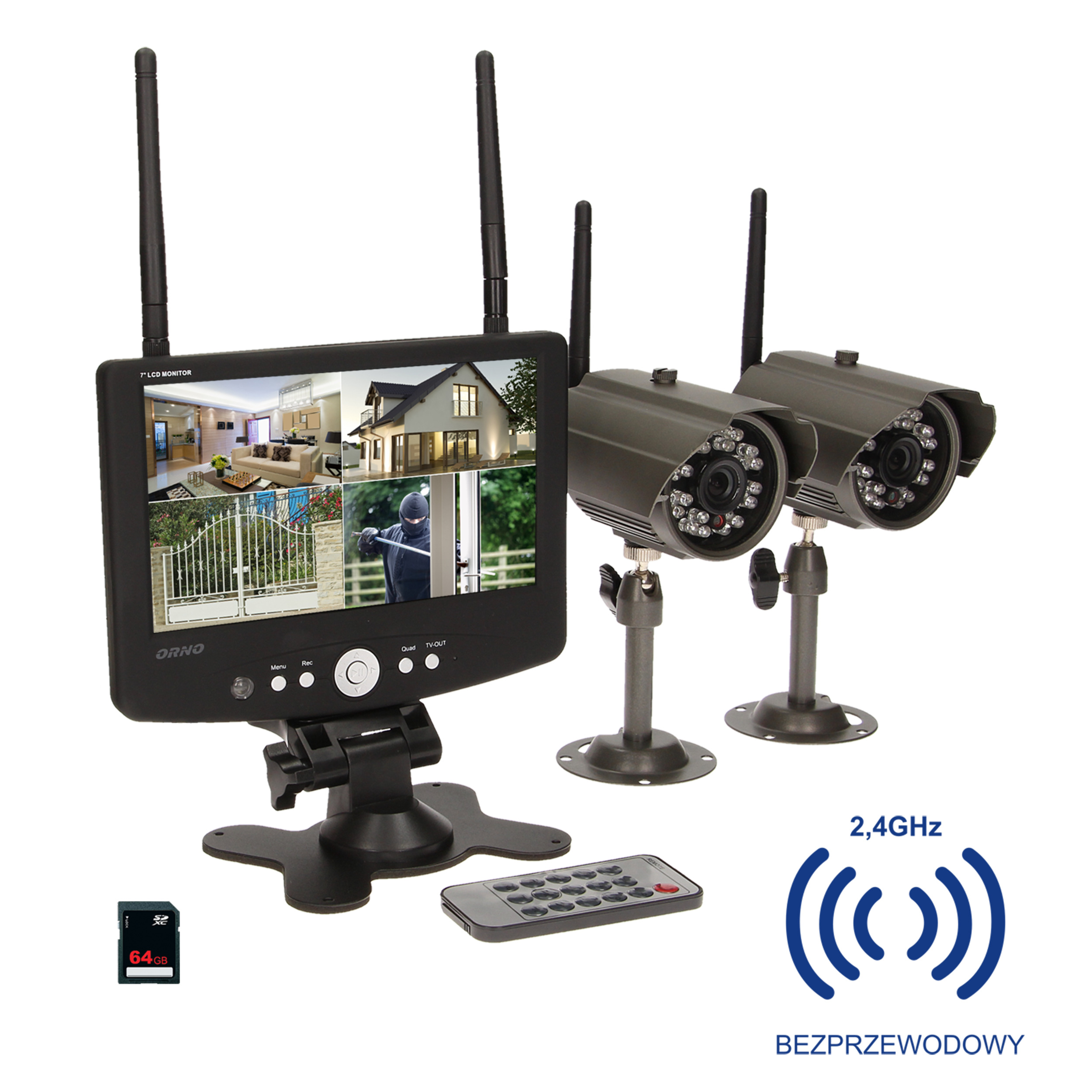 *ORNO VIDEO NADZORNI SISTEM 2,4GHz, 2 WIRELESS KAMERE (max. 4), MONITOR