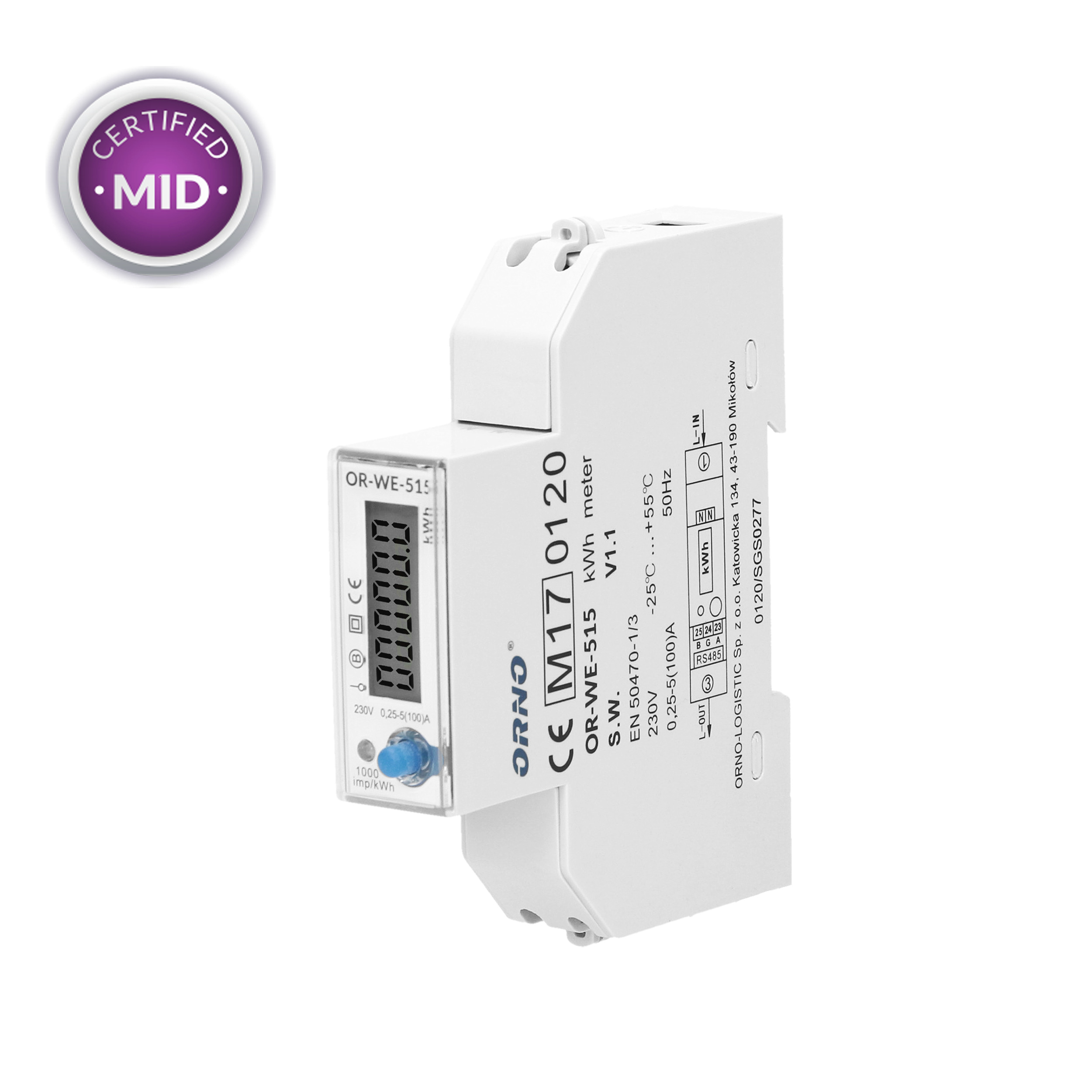 *ORNO MJERAČ POTROŠNJE 1 FAZNI 100A, DVOTARIFNI ZA ŠINU, RS485 PORT, MID CERTIF.