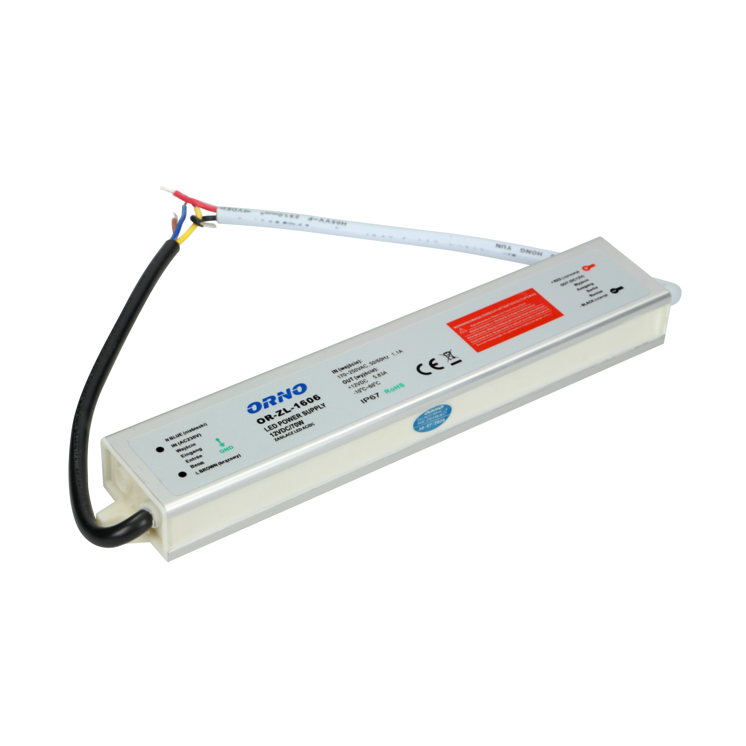 ORNO TRANSFORMATOR IP67, 70W, 12V, 6,25A, 170x54x35mm, METAL (07500268 60W)