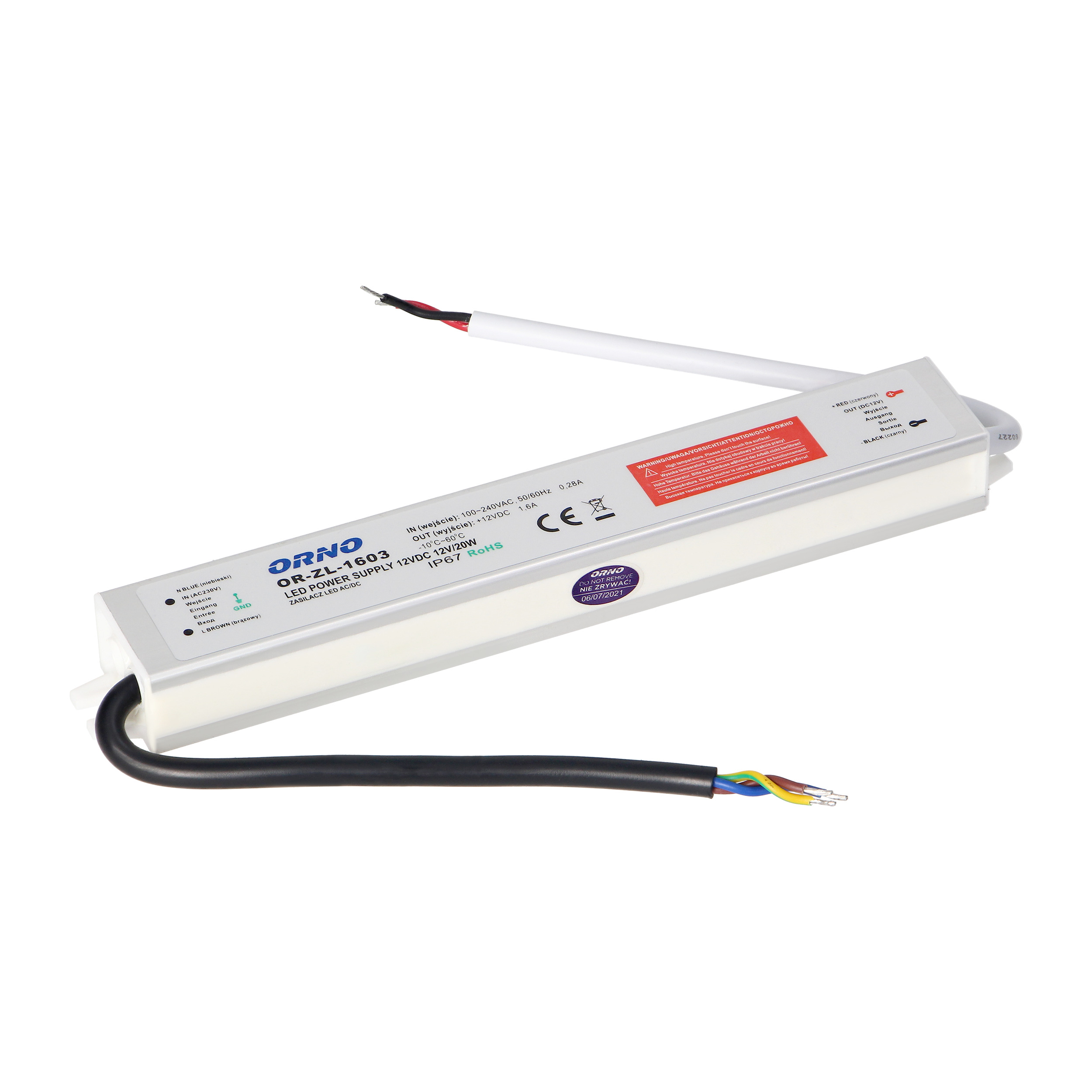 ORNO TRANSFORMATOR IP67, 20W, 12V, 1,67A, 185x31x22mm, METAL (07500264)