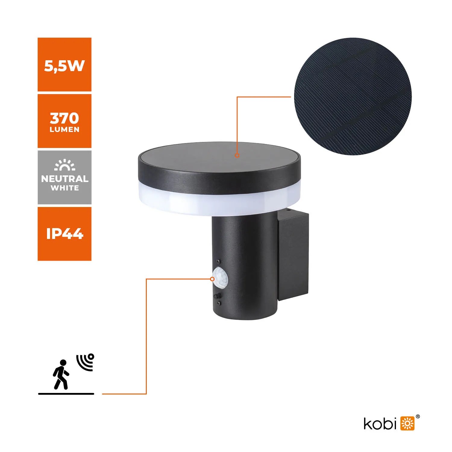 KOBI SOLARNA ZIDNA SVJ. “SOLARIS 3”, 5,5W 4000K, PIR, IP44