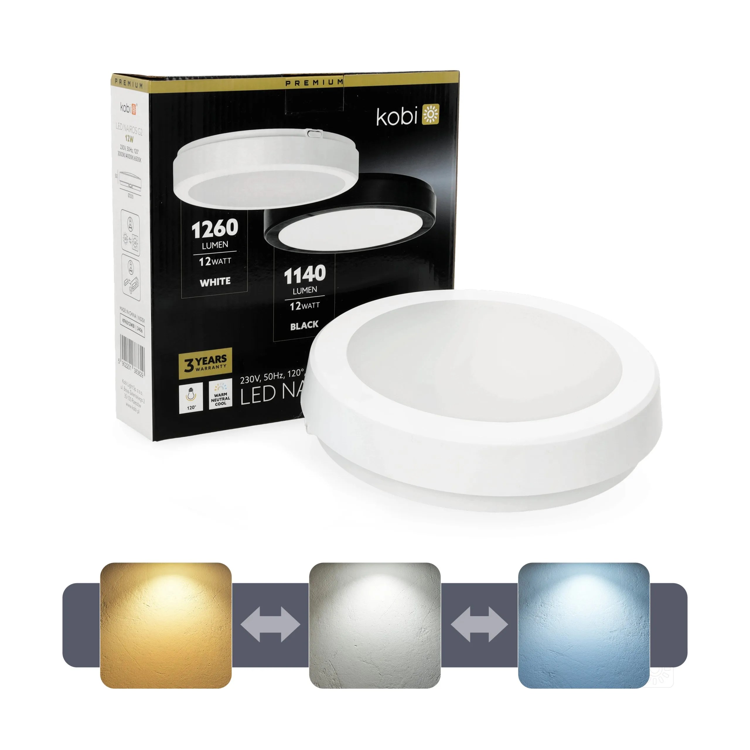 KOBI LED PLAF. OKR. “NAIROS” BIJELA 12W, 3CCT, 1260lm, IP65, fi 200mm
