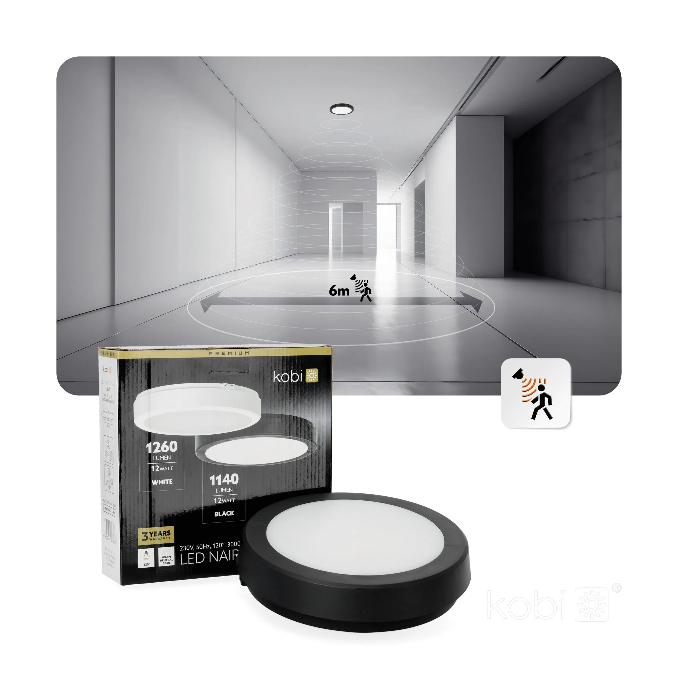 KOBI LED PLAF. OKR. “NAIROS” CRNA 12W, 3CCT, 1260lm, IP65, fi 200mm