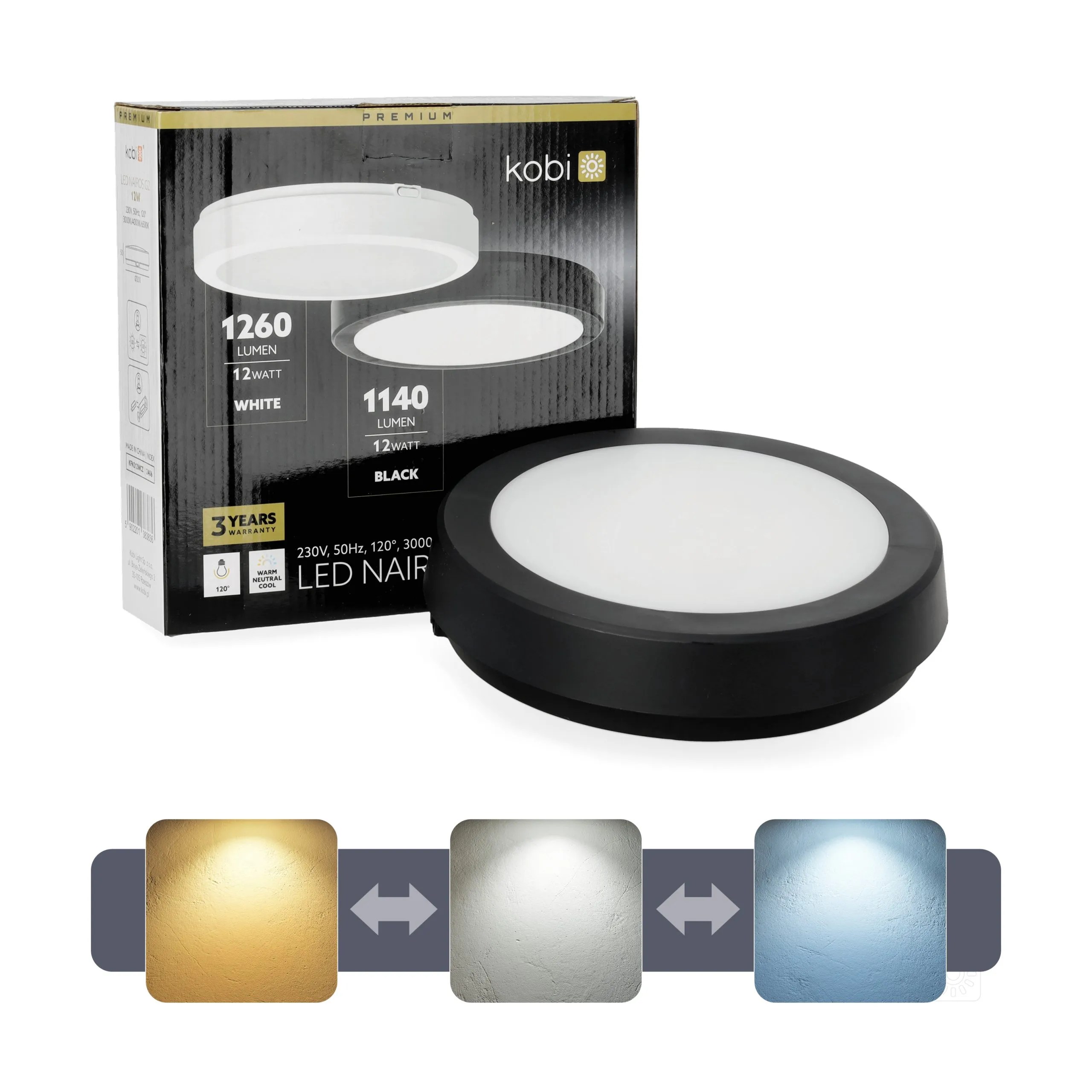 KOBI LED PLAF. OKR. “NAIROS” CRNA 12W, 3CCT, 1260lm, IP65, fi 200mm
