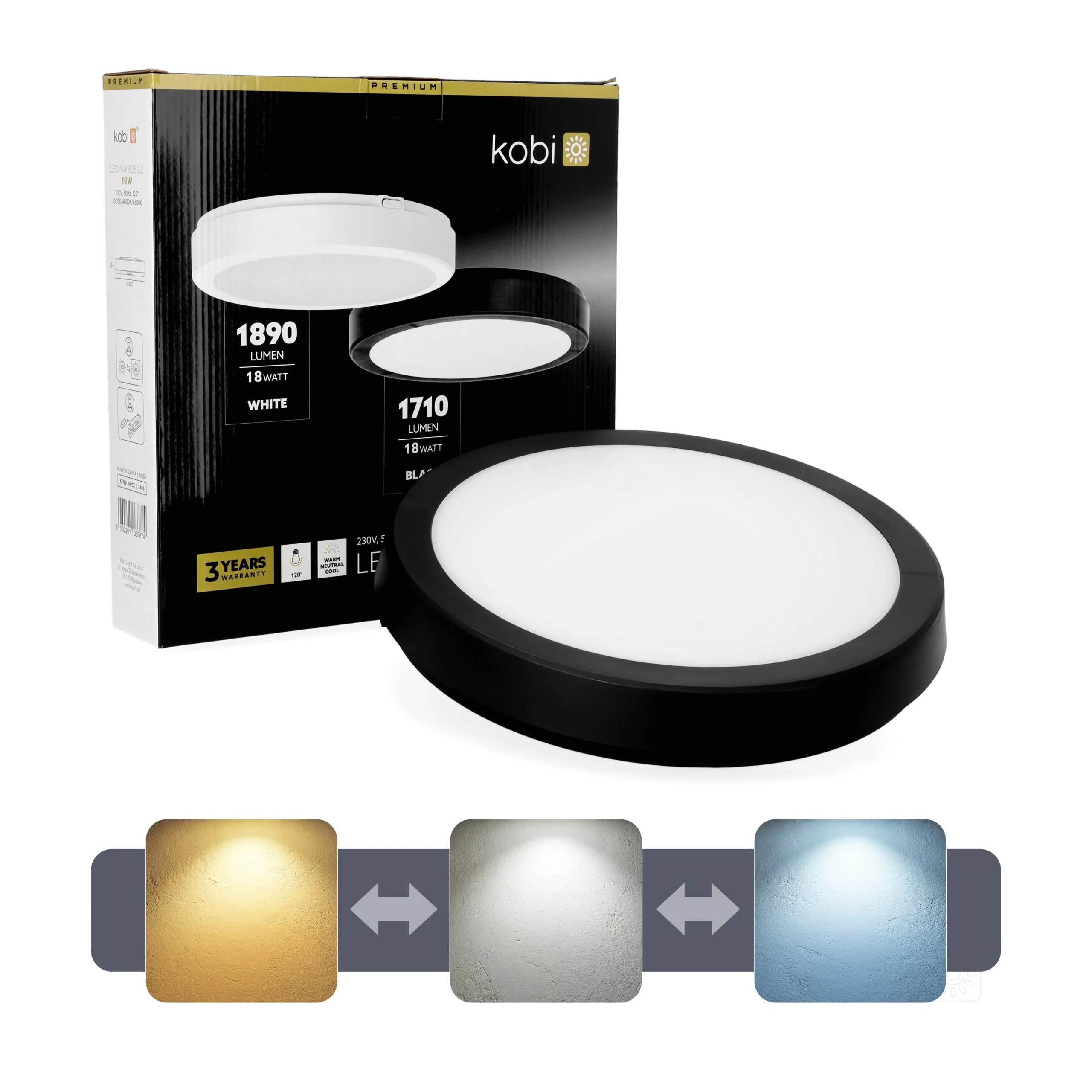 KOBI LED PLAF. OKR. “NAIROS” CRNA 18W, 3CCT, 1710lm, IP65, fi 300mm