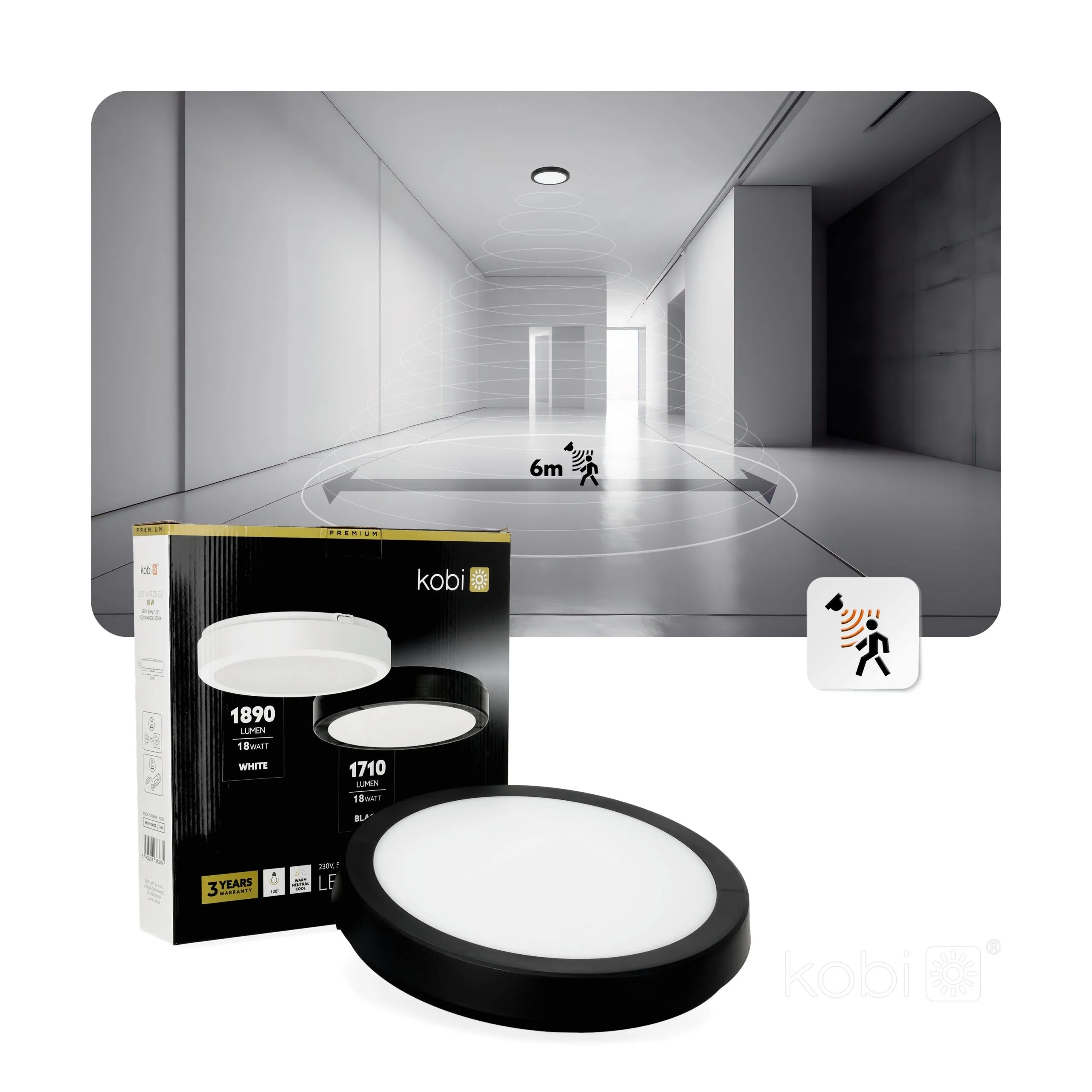 KOBI LED PLAF. OKR. “NAIROS” CRNA 18W, 3CCT, 1710lm, IP65, fi 300mm