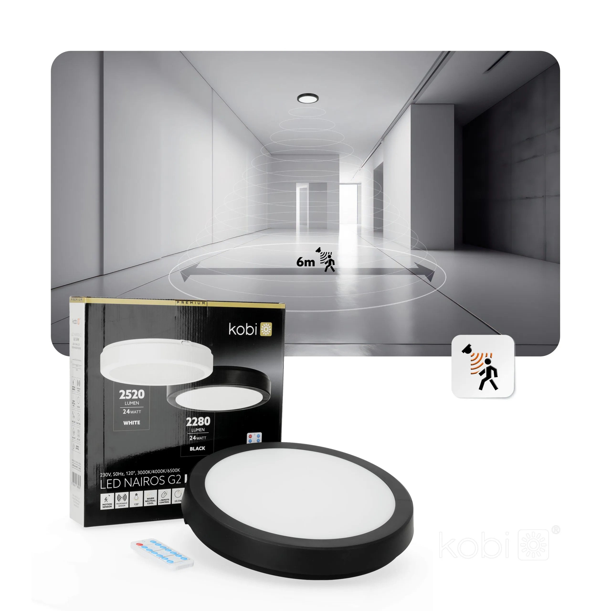 KOBI LED PLAF. OKR. “NAIROS MIC” CRNA 24W, 3CCT, 2520lm, IP65, fi 300mm