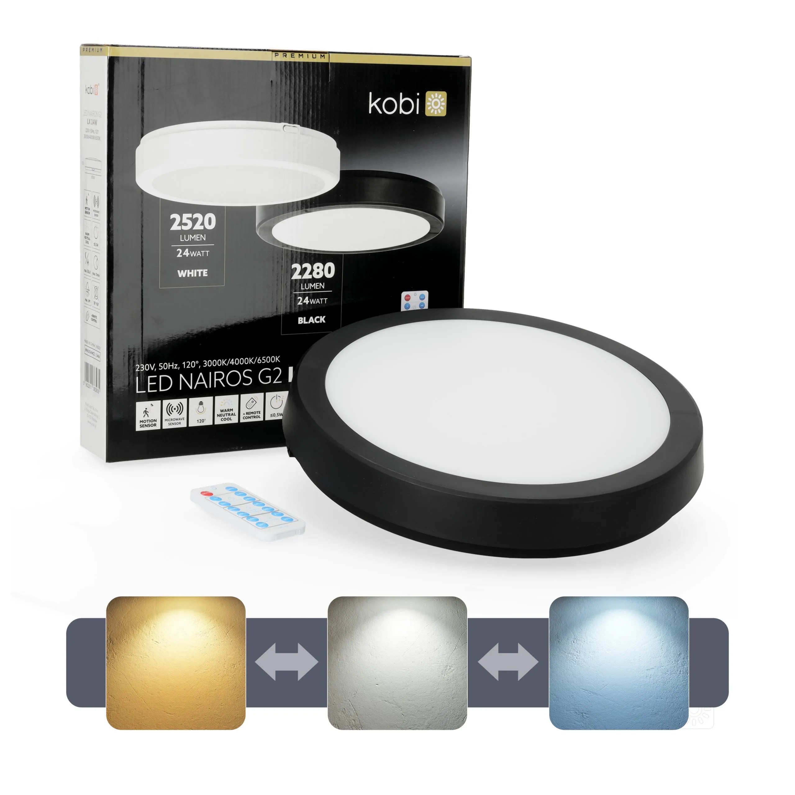 KOBI LED PLAF. OKR. “NAIROS MIC” CRNA 24W, 3CCT, 2520lm, IP65, fi 300mm