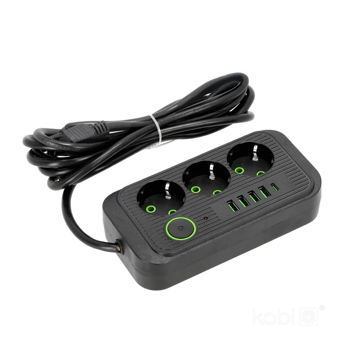 KOBI PRODUŽNI KABEL 3 UTIČNICE, 3m, 4xUSB A, 1xUSB C, CRNI
