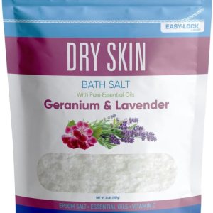 Dry Skin Bath Salt 32 Ounces (2 Lbs) Epsom Salt with Natural Geranium and Lavender Essential Oils Plus Vitamin C in BPA Free Pouch with Easy Press Lock Seal Made in USA