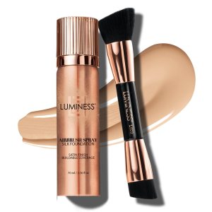 LUMINESS Silk Airbrush Spray Foundation & Buffing Brush Kit – Full Coverage Foundation & Dual-Sided Buffing Brush – Buildable Coverage, Anti-Aging Formula Hydrates & Moisturizes (Shade – Fair)