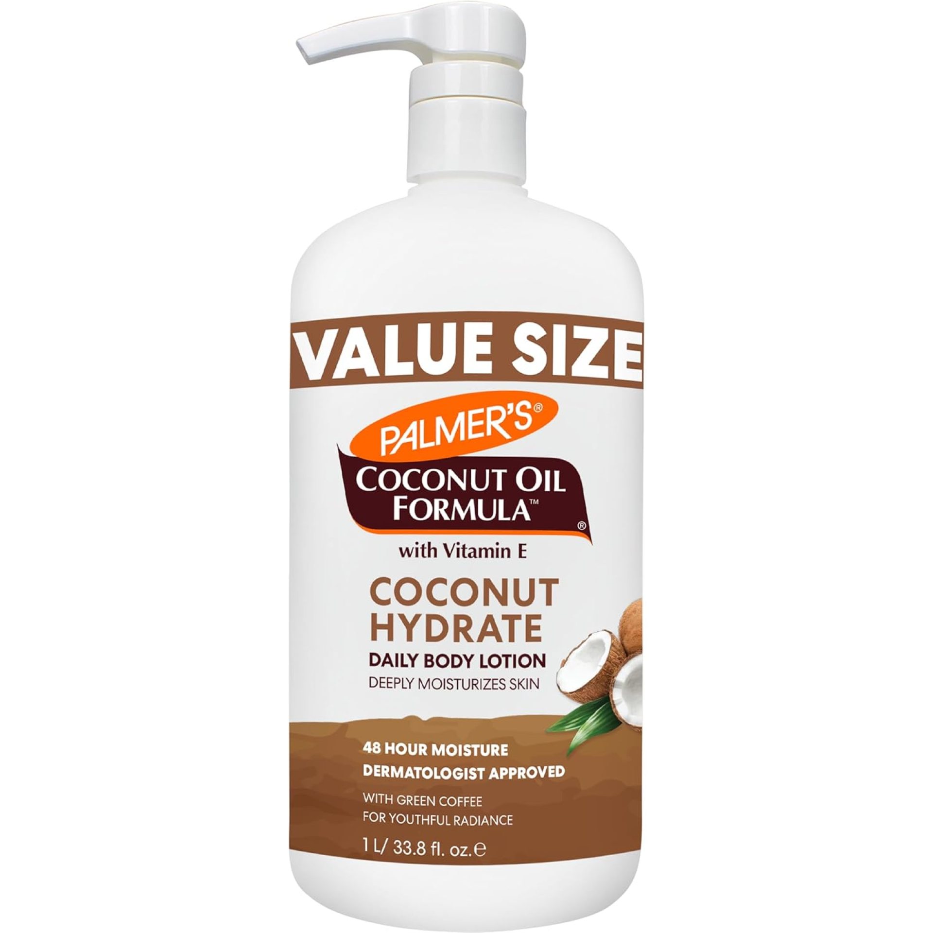 Palmer’s Coconut Oil Formula Body Lotion for Dry Skin, Hand & Body Moisturizer with Green Coffee Extract & Vitamin E, Value Size Pump Bottle, 33.8 Fl Oz (Pack of 1) Palmer’s Coconut Oil Formula Body Lotion for Dry Skin, Hand & Body Moisturizer with Green Coffee Extract & Vitamin E, Value Size Pump Bottle, 33.8 Fl Oz (Pack of 1)
