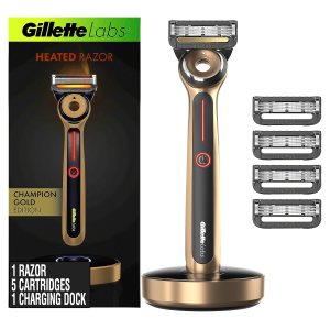 Gillette Labs Heated Razor Gold Edition – 1 Handle, 5 Blade Refills, 1 Charging Dock