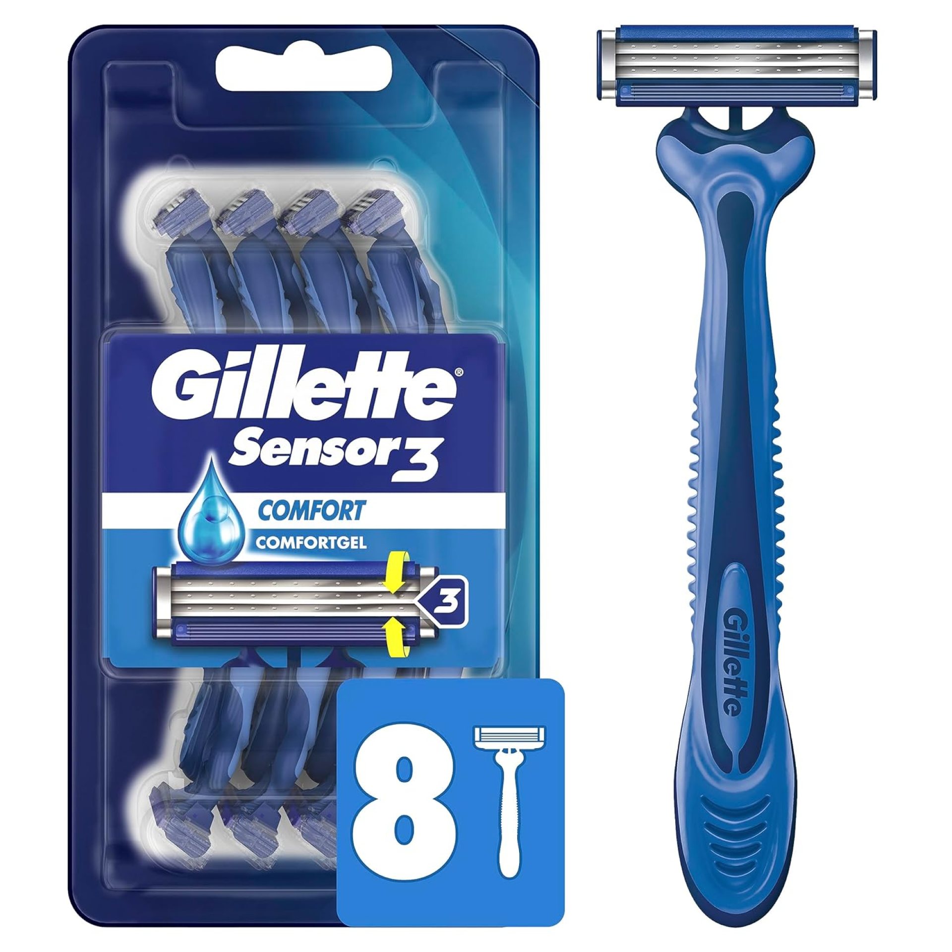 Gillette Sensor3 Comfort Disposable Razors for Men, 8 Count, Lubrastrip Glides Easily Over Your Skin Gillette Sensor3 Comfort Disposable Razors for Men, 8 Count, Lubrastrip Glides Easily Over Your Skin