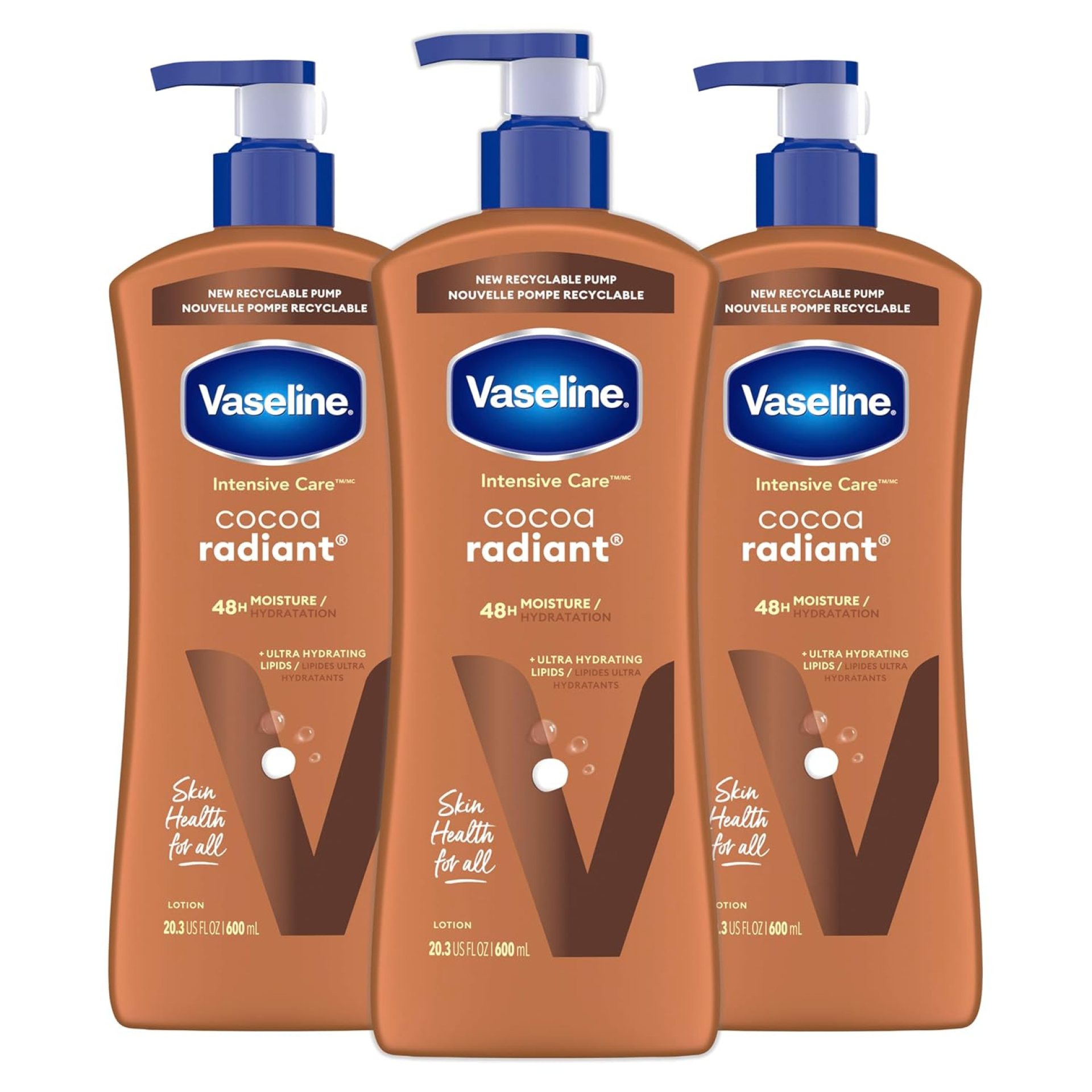 Vaseline Intensive Care Body Lotion Cocoa Radiant 3 count for Dry Skin Lotion Made with Ultra-Hydrating Lipids and Pure Cocoa Butter for a Long-Lasting, Radiant Glow 20.3 Oz Vaseline Intensive Care Body Lotion Cocoa Radiant 3 count for Dry Skin Lotion Made with Ultra-Hydrating Lipids and Pure Cocoa Butter for a Long-Lasting, Radiant Glow 20.3 Oz